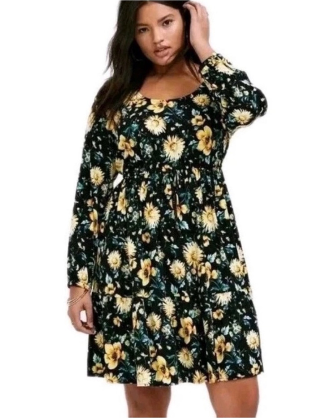 torrid Black Long-Sleeve Dress with Yellow Floral Print